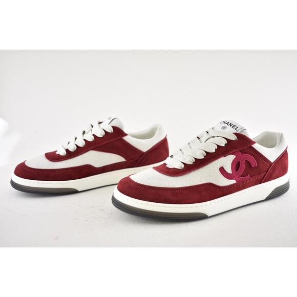 Chanel 23P Burgundy Suede White CC Logo Flat Lace Up Runner Trainer Sneaker 37 - Picture 13 of 15